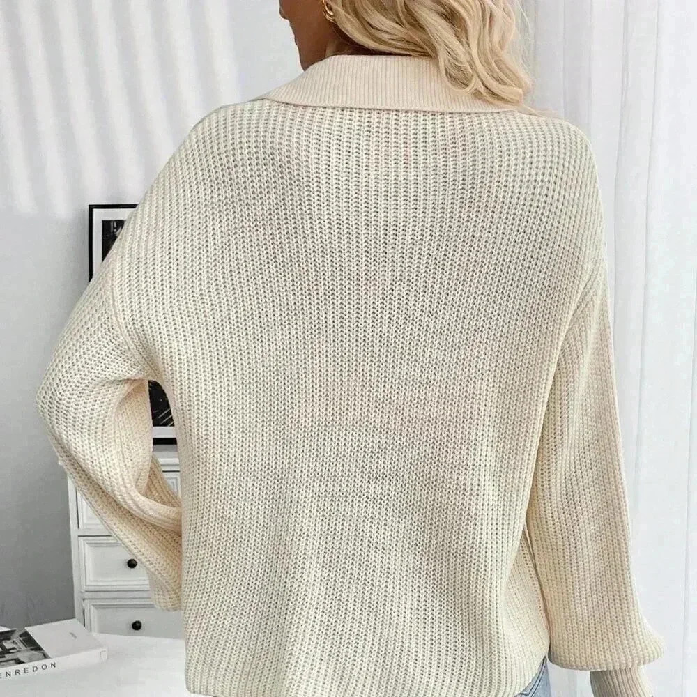 Apricot Casual Women's Hollow-Out Turndown Collar Oversized Long Sleeve Sweater - Picture 2 of 6